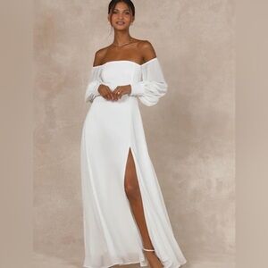 Lulu's Off the Shoulder White Dress with Slit
